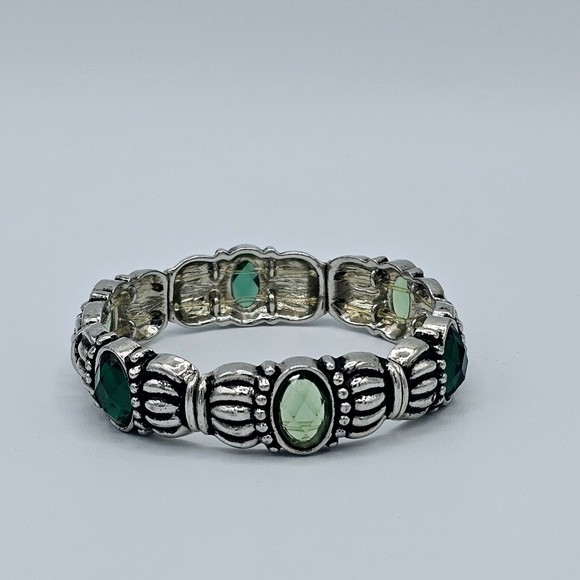 Boho Bracelet Faceted Green Jewels Light Dark Gems Silvertone Fashion Jewelry - Picture 1 of 10